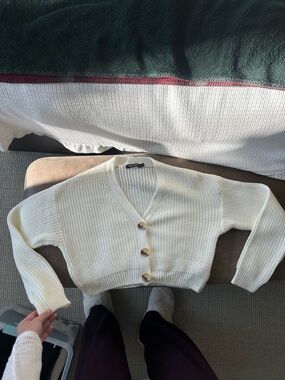 Nasty Gal Cream Cropped V-Neck Button Cardigan